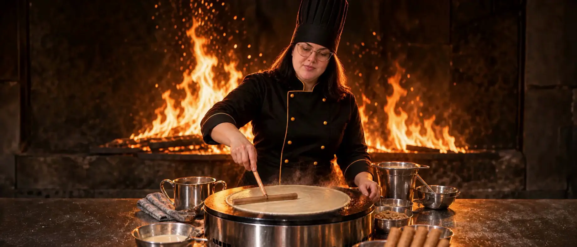 Chef de dólmã e chapéu pretos espalhando a massa do crepe na chapa, com fogo ao fundo